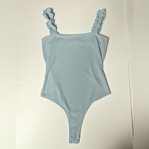 Double Zero Blue Ribbed Ruffle Strap Bodysuit | Size M